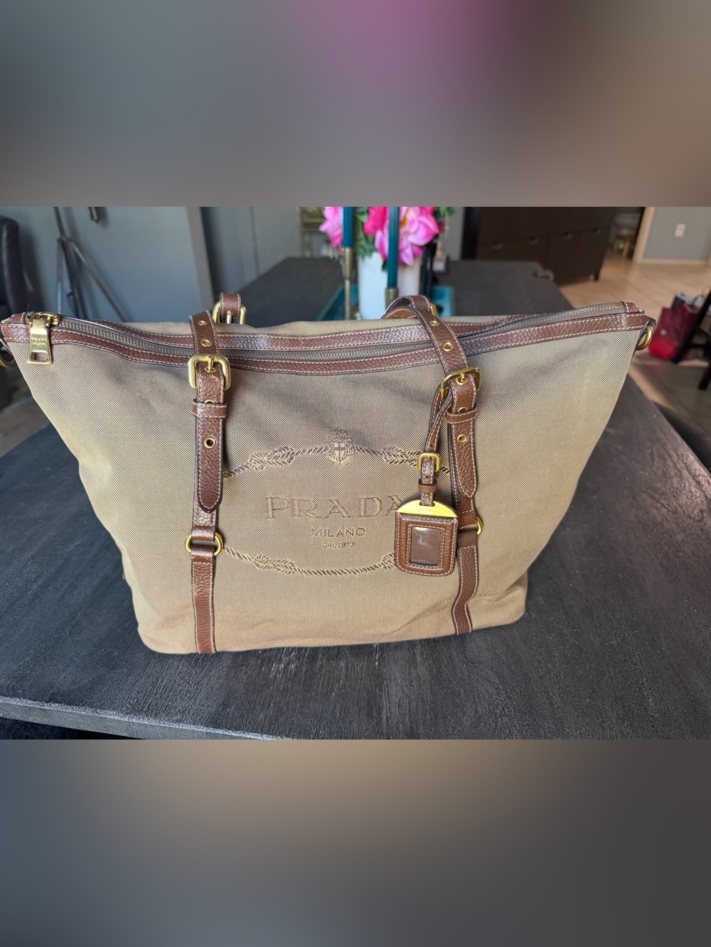 Prada Brown Canvas Tote with Leather Trim